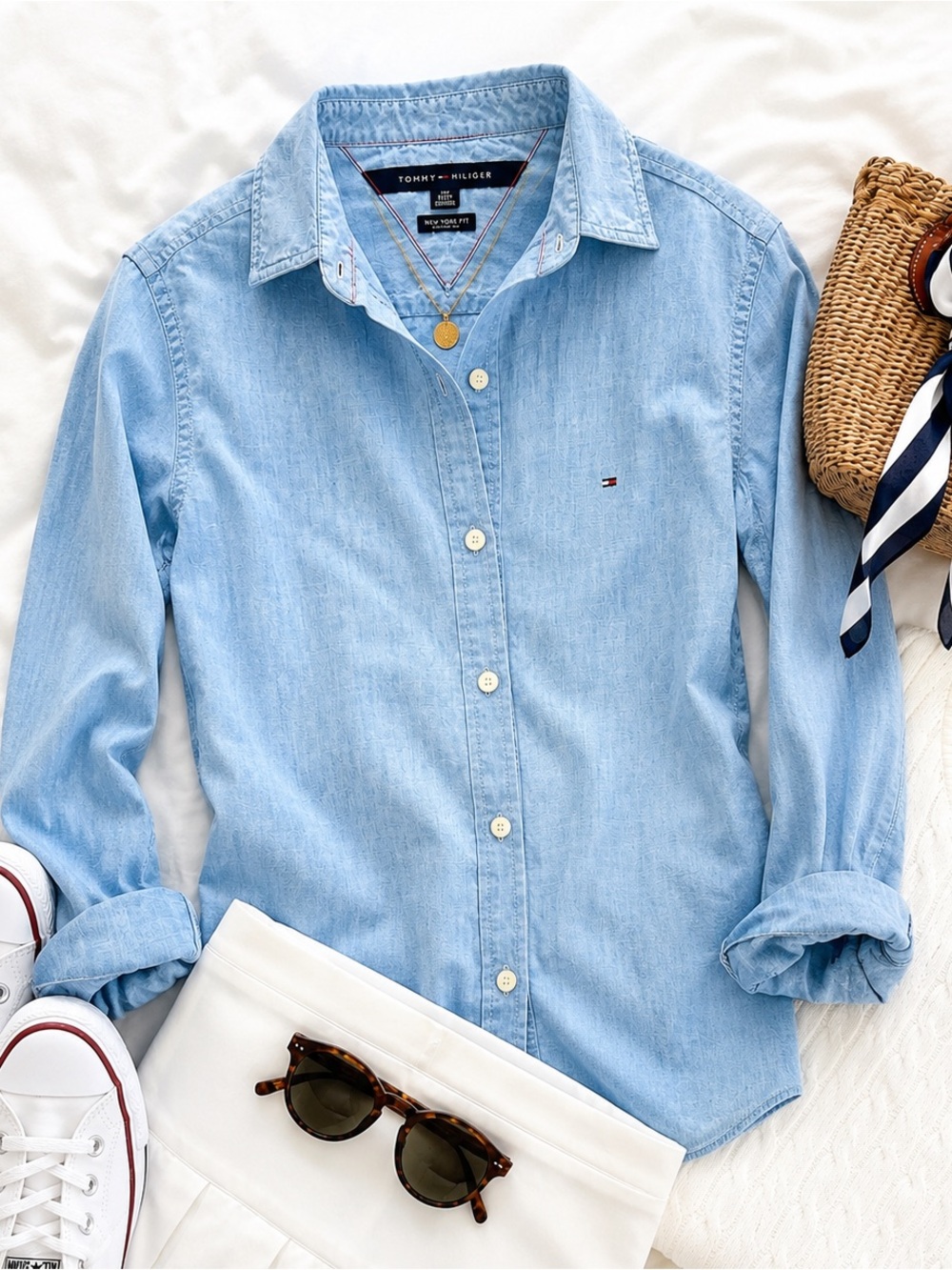 Tommy Hilfiger Light Blue Chambray women’s Button-Down Shirt preppy coastal